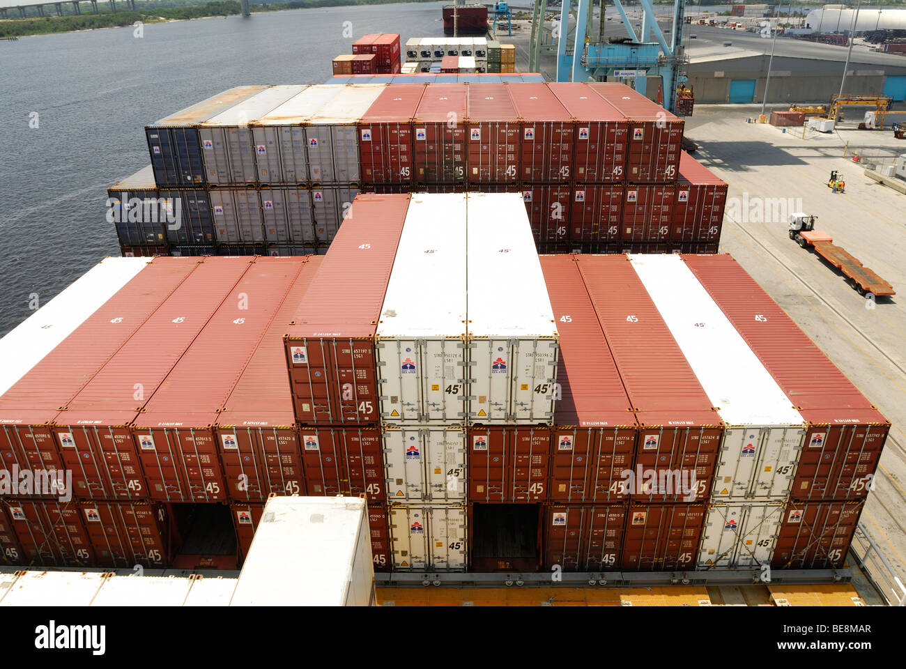 Containers wait to be unloaded from the ship El Faro at the port of Jacksonville. Stock Photo