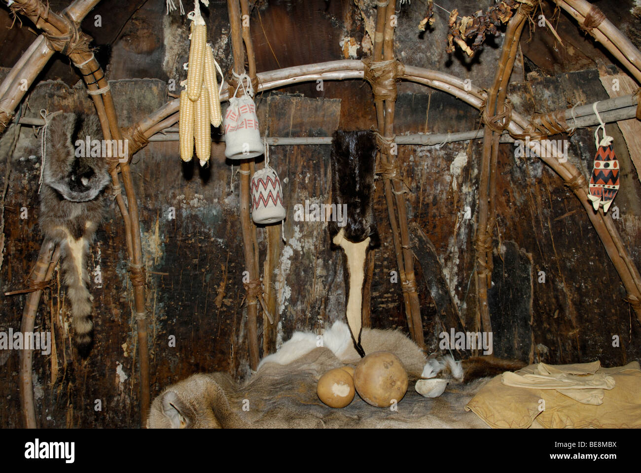 Inside of a Native American teepee lodge, Mashantucket Pequots, 16th Century Stock Photo