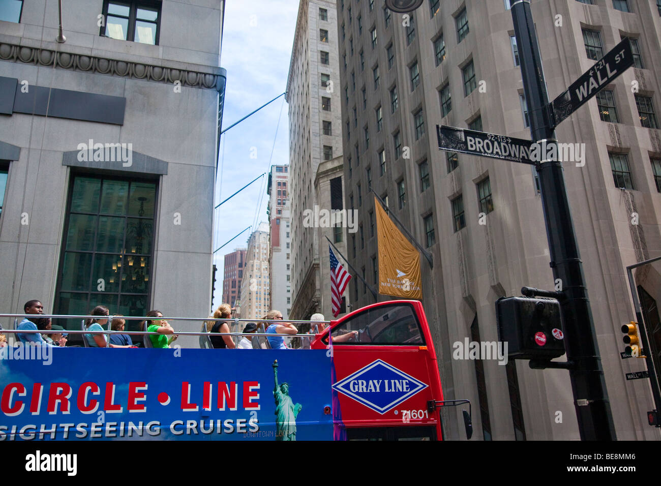 Tourist City Sightseeing Bus in the Financial District in Manhattan, New York CIty Stock Photo