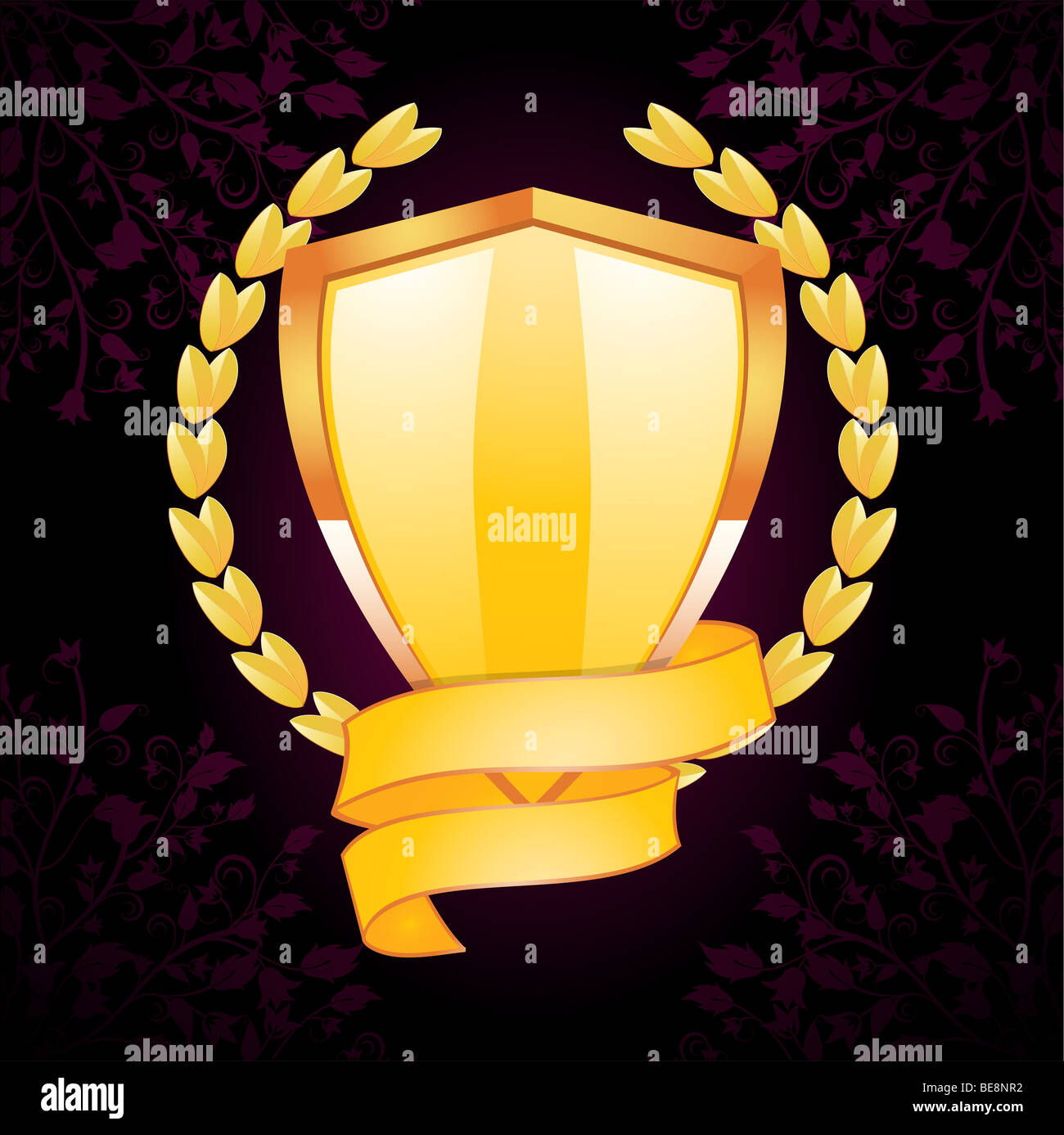 Glossy gold shield and banner on a purple floral background Stock Photo