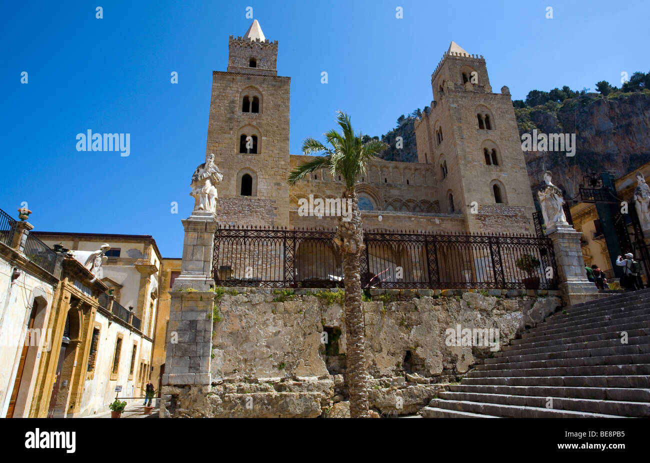 Full view of the Duomo (Cathedral) in the town of Cefalu on the Island of Sicily, Italy Stock Photo