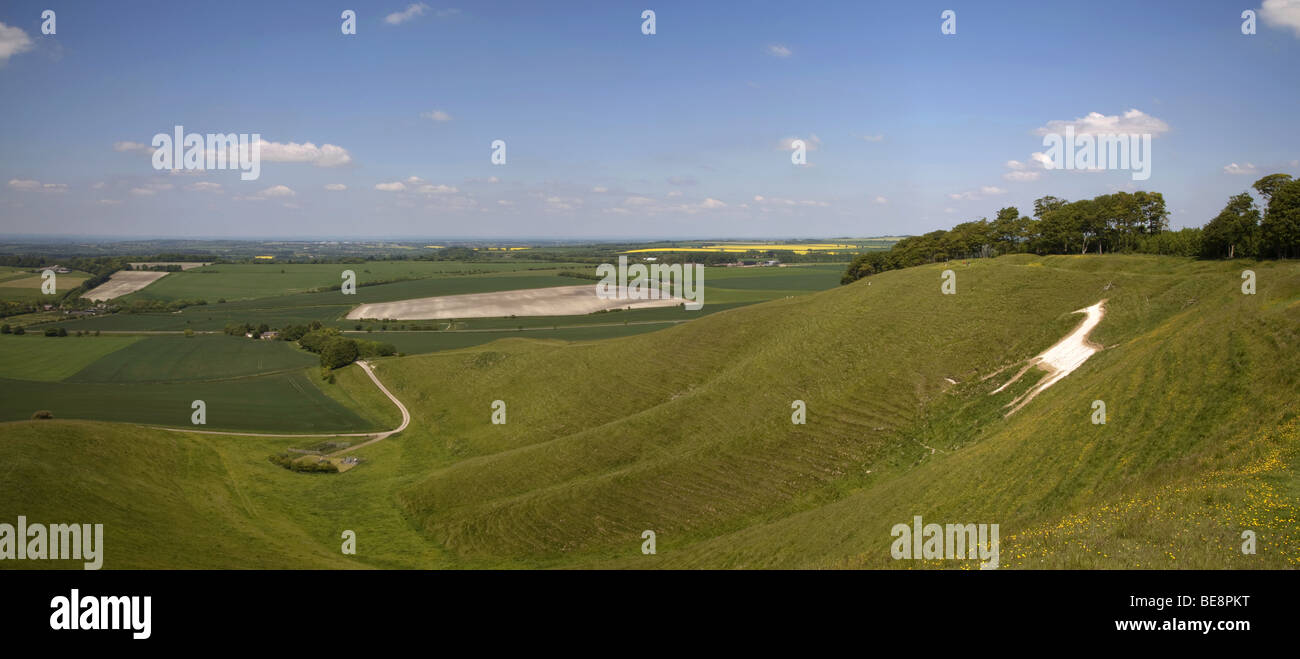 Panoramic view over the rural north wiltshire countryside and the Cherhill White Horse from