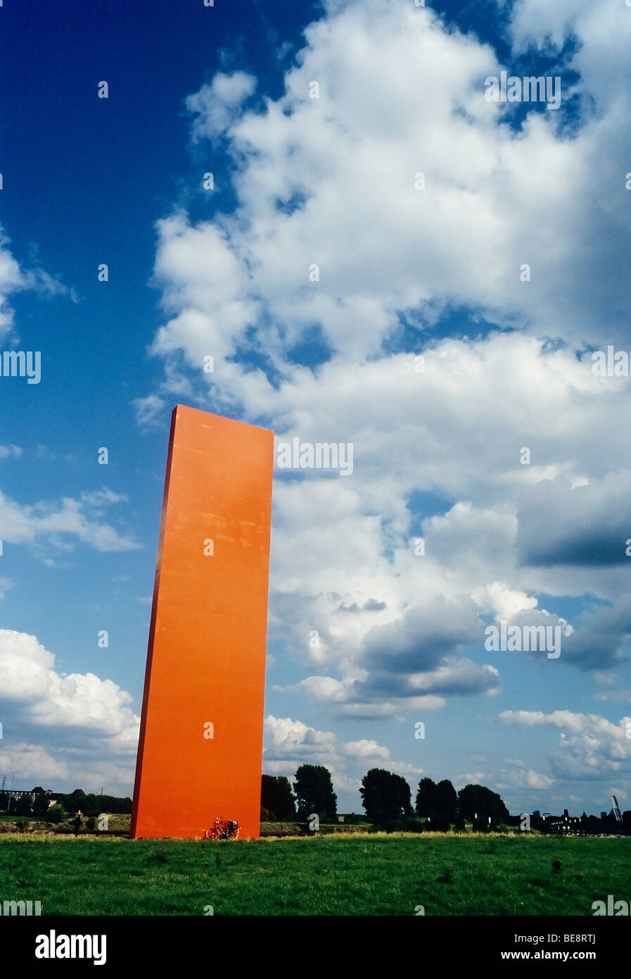 Landmark Rheinorange, Rhine Orange by Lutz Frisch, monumental orange stele at the mouth of the Ruhr river, Duisburg-Ruhrort, Ru Stock Photo