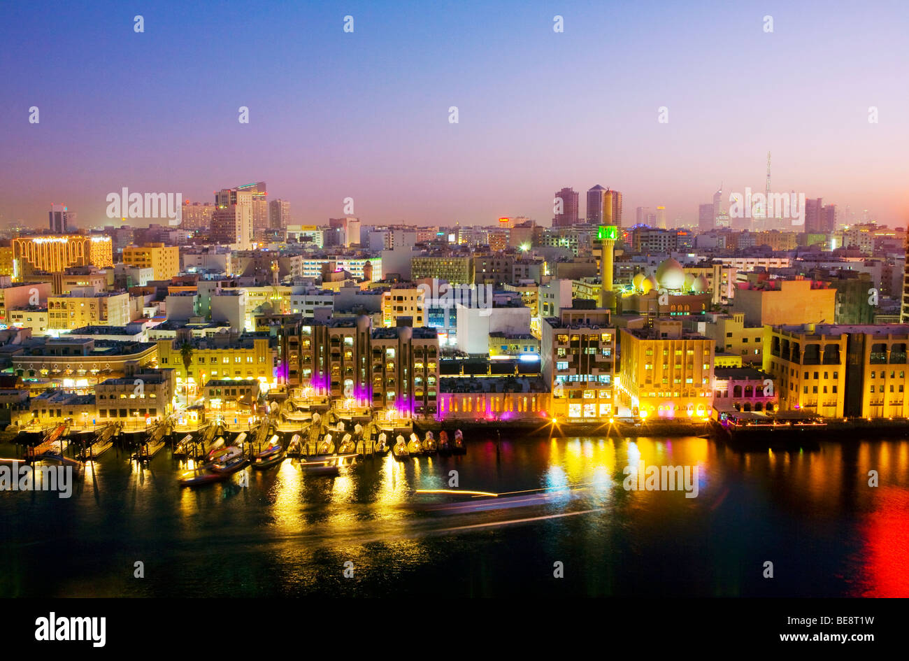 View over Dubai Creek towards Deira and Sheikh Zayed Road Deira, Dubai Creek, Dubai, United Arab Emirates. Stock Photo