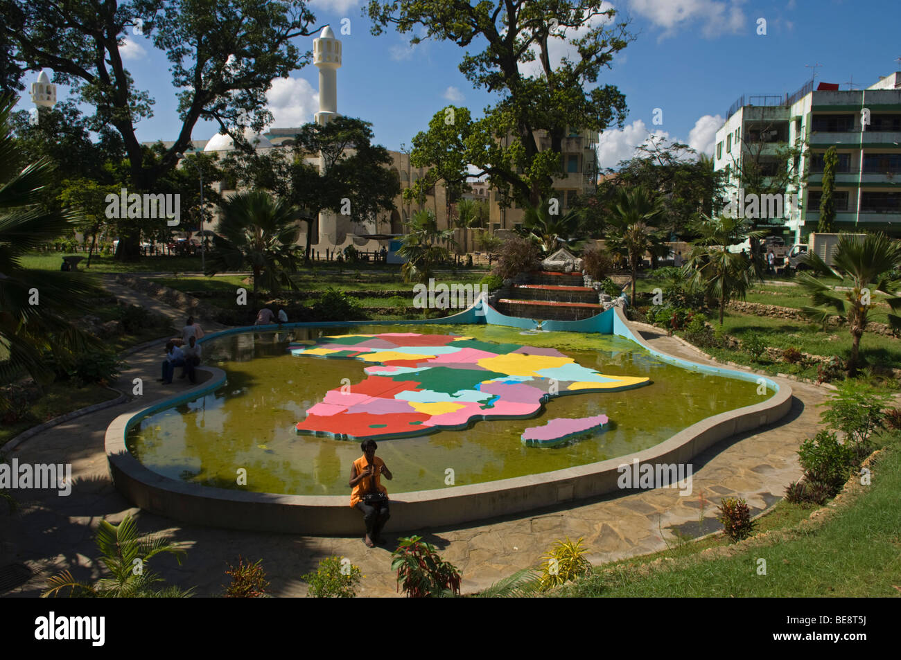 Africa-shaped fountain, Uhuru gardens, Mombasa, Kenya Stock Photo