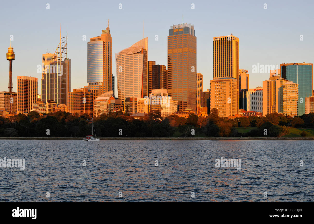 Skyline of Sydney at sunrise, TV Tower, Central Business District, Sydney, New South Wales, Australia Stock Photo