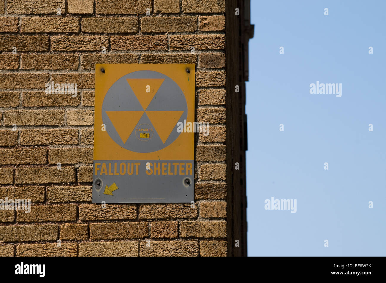 A fallout shelter sign on the side of a building in Boston MA. Stock Photo