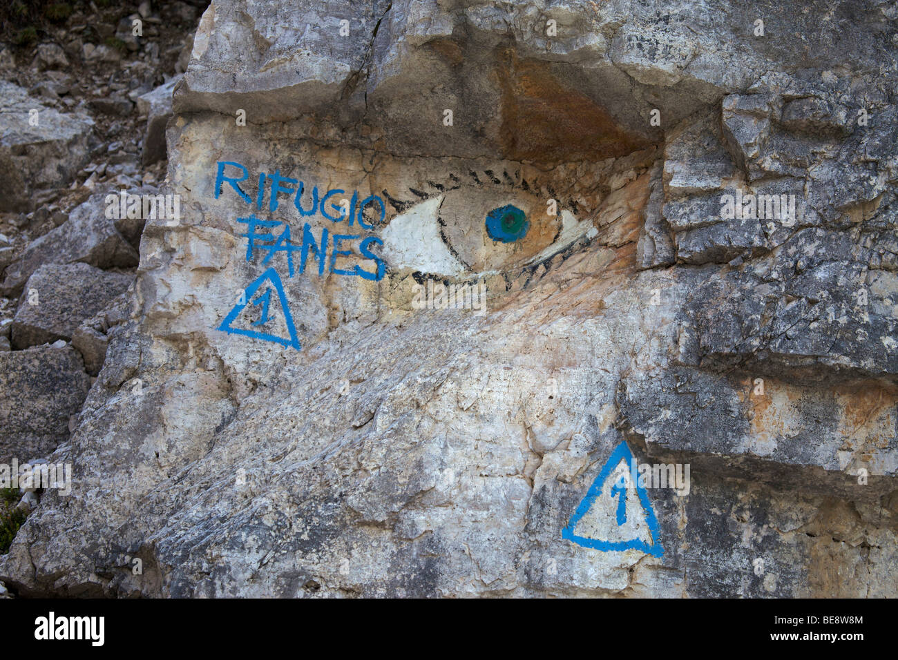 Rocks with painted sign to Fanes hut, Trentino, Alto Adige, Italy, Europe Stock Photo