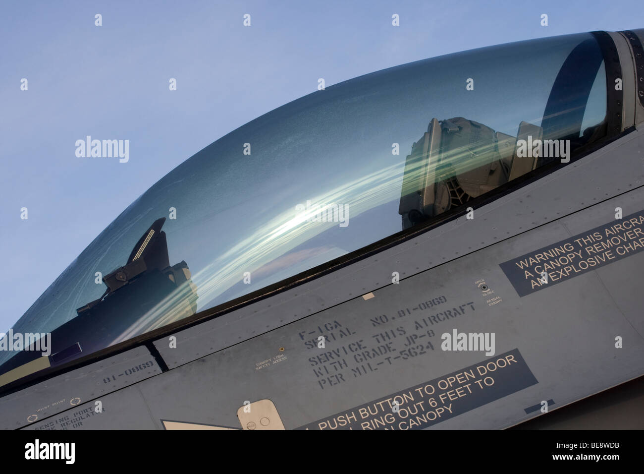 Close up of an F16  jet fighter cockpit at RAF Leuchars airshow 2009. Stock Photo