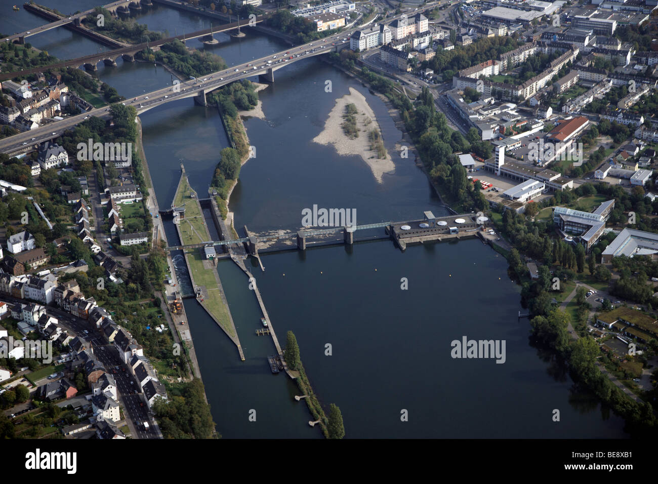 Aerial view, Mosel river barrage and Mosel lock, Koblenz, Rhineland-Palatinate, Germany, Europe Stock Photo