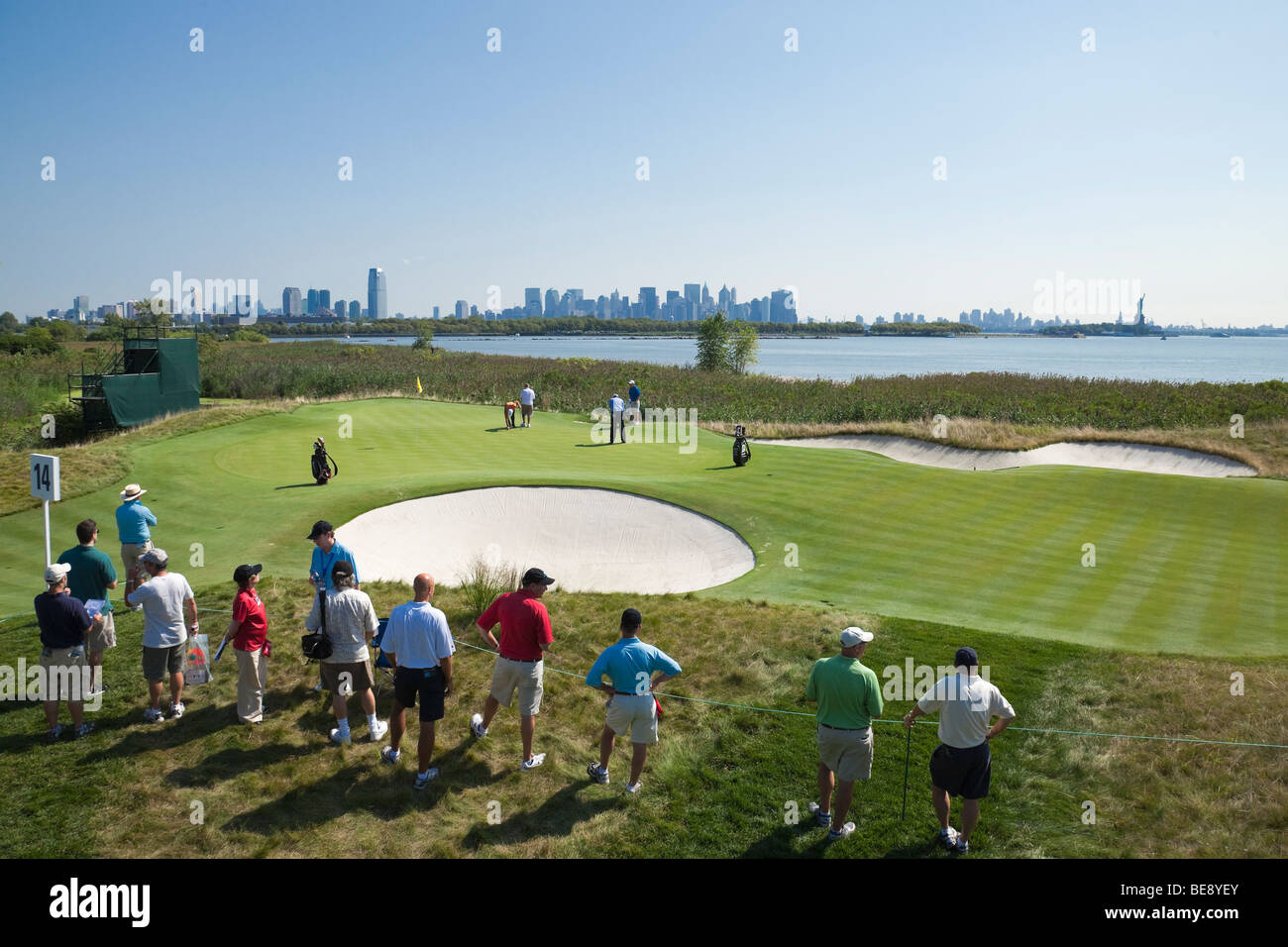Liberty National Golf Course, Jersey City, New Jersey on 14th fairway With Manhattan skyline and Statue of Liberty. Stock Photo