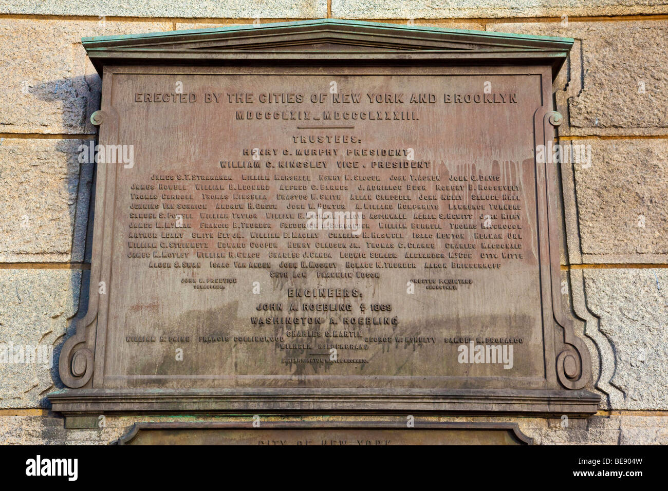 Plaque on the Brooklyn Bridge in New York City Stock Photo Alamy