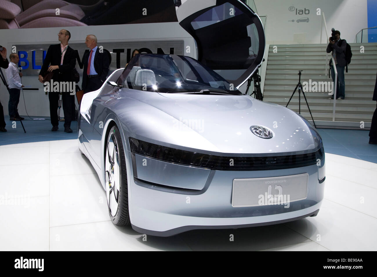 Volkswagen 170 mpg tandem diesel hybrid two-seater L1. At a European motor show. Stock Photo