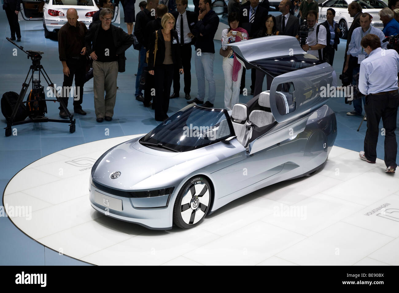 Volkswagen 170 mpg tandem diesel hybrid two-seater L1. At a European motor show. Stock Photo