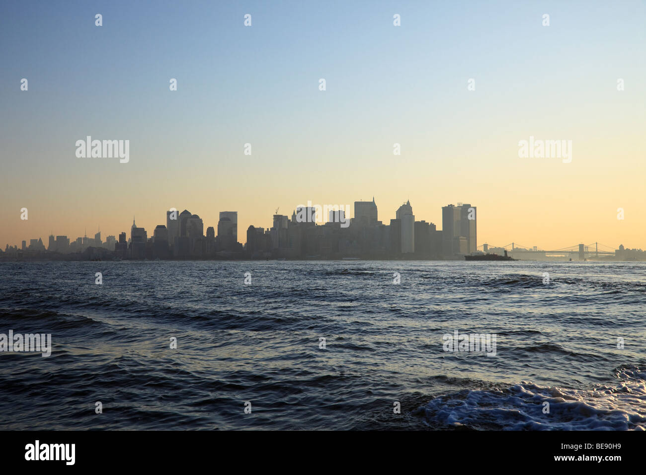 Lower Manhattan skyline from Upper New York Bay. Stock Photo