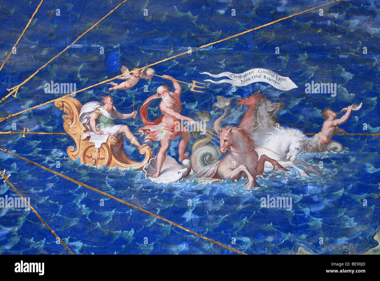 Detail of a map in the gallery of maps, Poseidon rises with his chariot from the sea, Vatican Museums, Old Town, Vatican City, Stock Photo