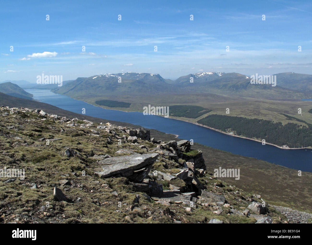 View west from summit of Geal Charn to the Ben Alder group of mountains accross Loch Ericht Stock Photo