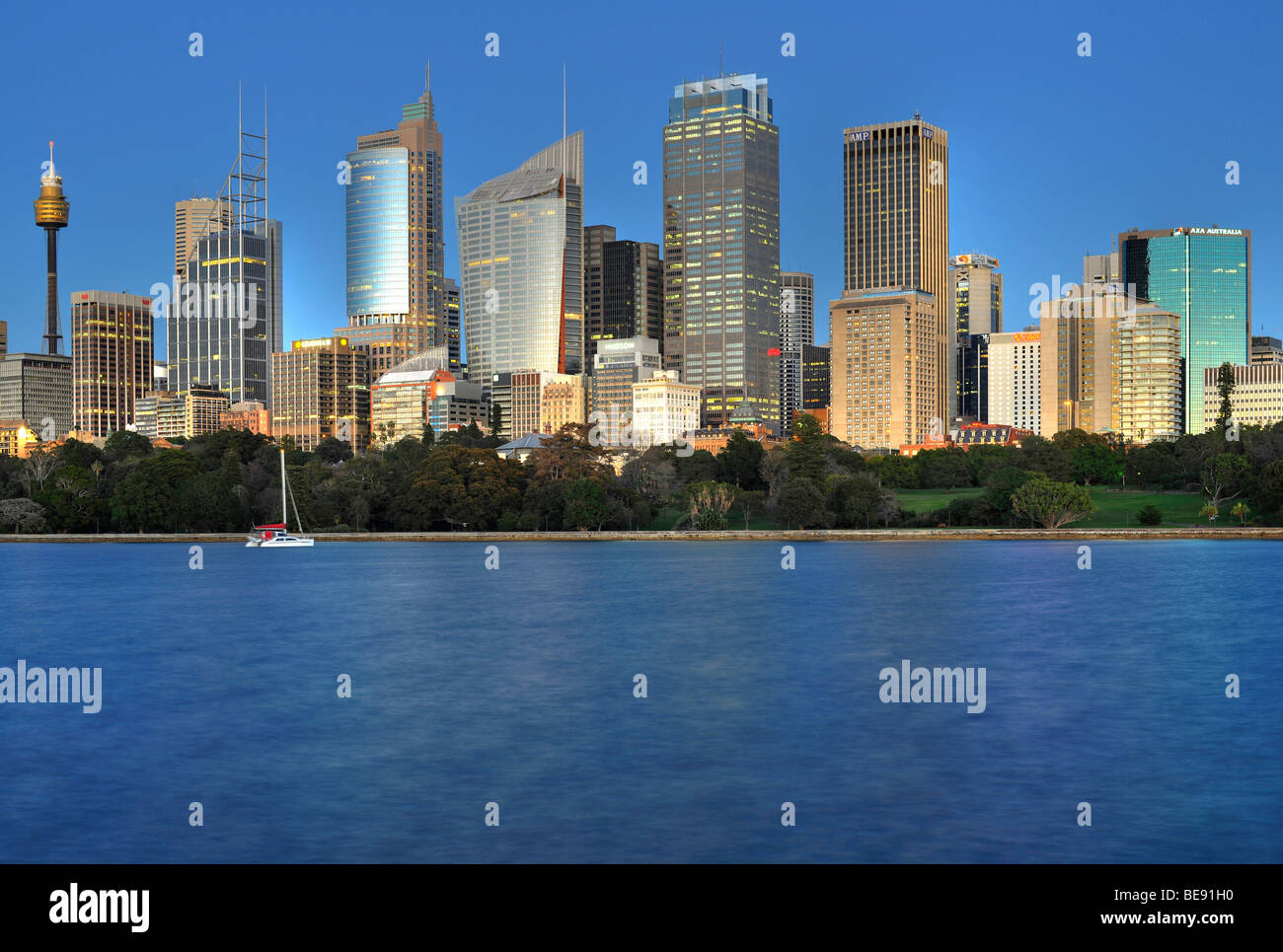 Skyline of Sydney before sunrise, TV Tower, Central Business District, Sydney, New South Wales, Australia Stock Photo