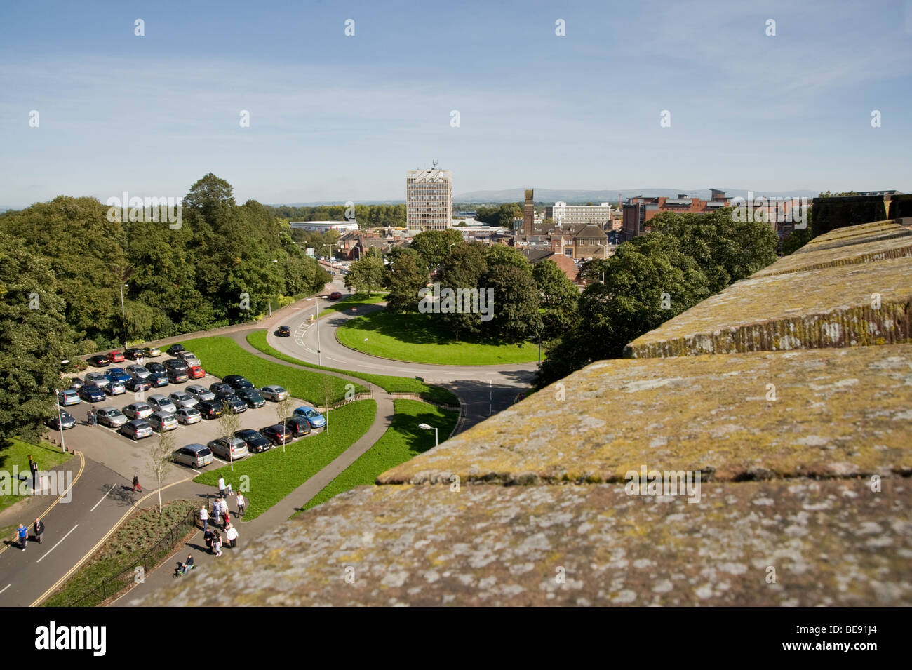 Looking towards Carlisle from Carlisle Castle with town hall in centre of photo Cumbria, England, UK Stock Photo