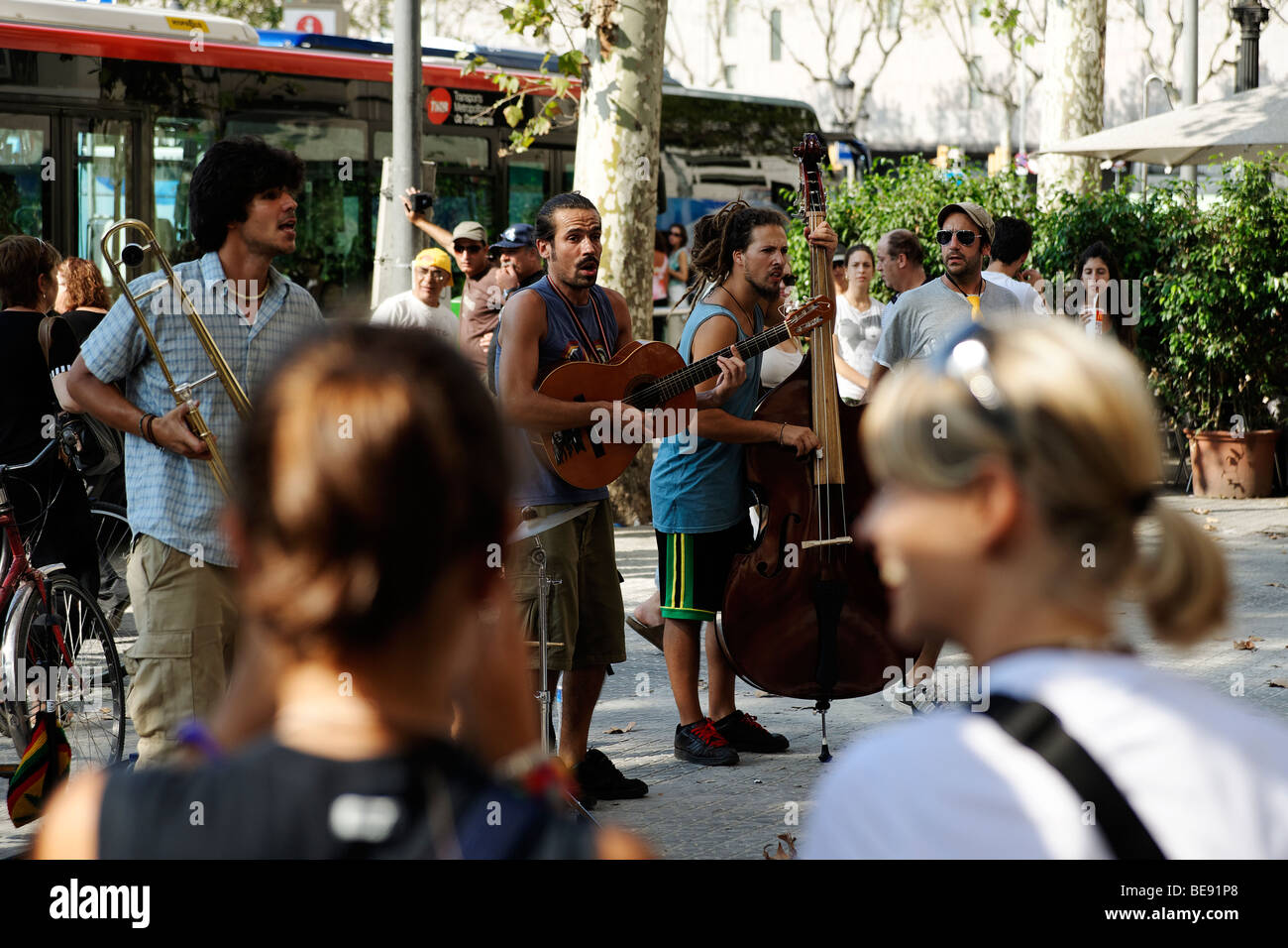 Band busking on Plaza catalunya. Barcelona. Spain Stock Photo