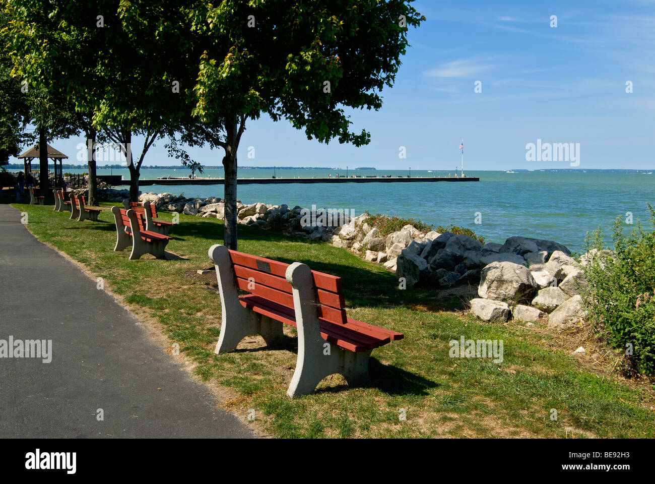 benches along Lake Erie provide places for rest in Lakeside, Ohio Stock