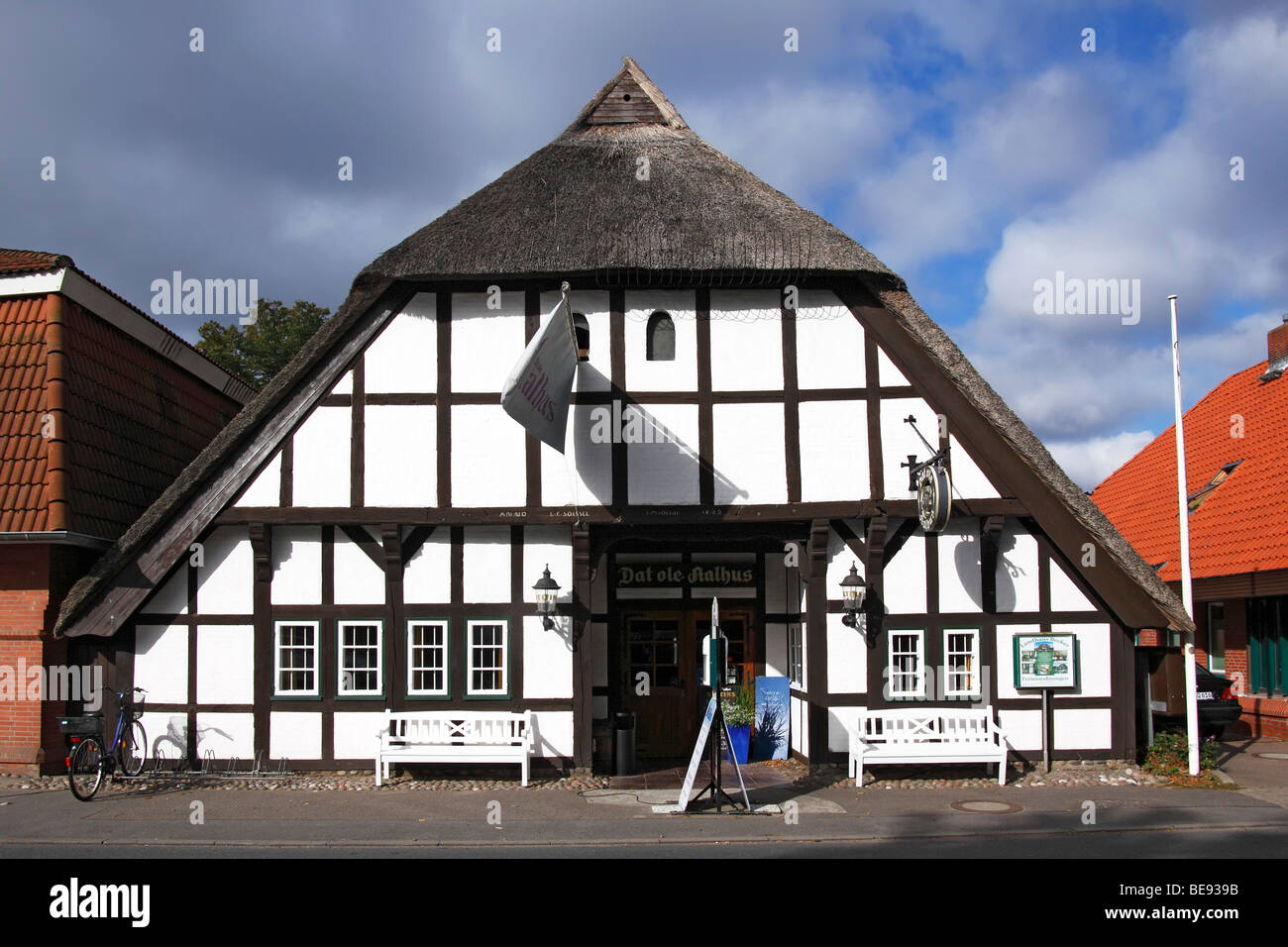 Old half-timbered thatched fish restaurant 'Dat ole Aalhus' in Landkirchen, Fehmarn island, Baltic Sea island, Ostholstein dist Stock Photo