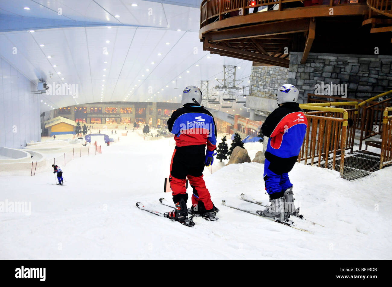 Skiers in the Ski Dubai indoor skiing hall in the Mall of the Emirates