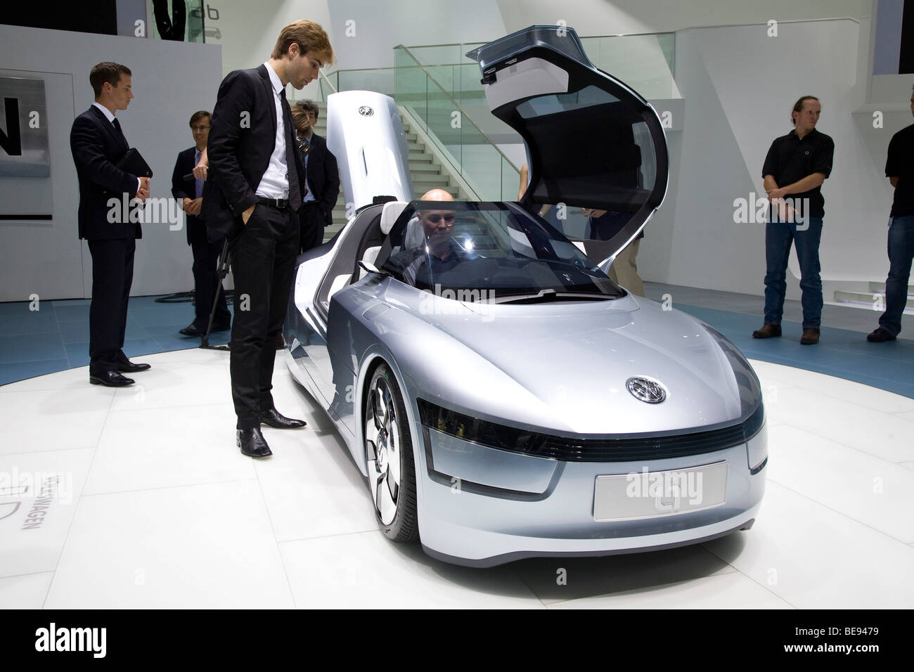 Volkswagen 170 mpg diesel hybrid two-seater L1. At a European motor show. Stock Photo
