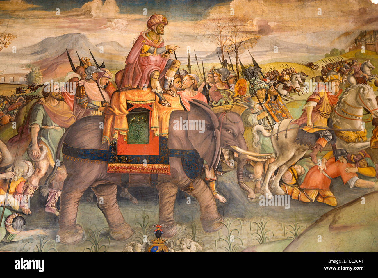 ITALY Rome Lazio Painting of Hannibal on an elephant with his army on the wall of the Palazzo dei Conservatori Capitoline Museum Stock Photo
