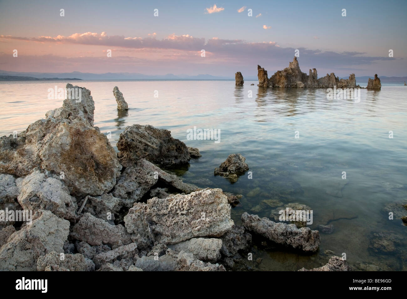 Sunset on Tufa Towers, Mono lake, California Stock Photo