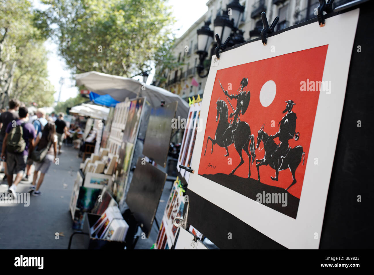 Painting of Don Quixote on a artists stall. Las Ramblas. Barcelona. Spain Stock Photo