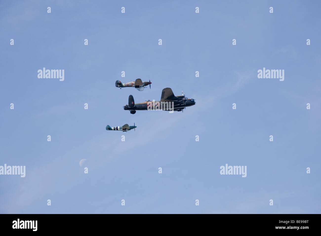 Battle of Britain Memorial Flight, Spitfire and Hurricane fighter aircraft and Lancaster bomber Stock Photo
