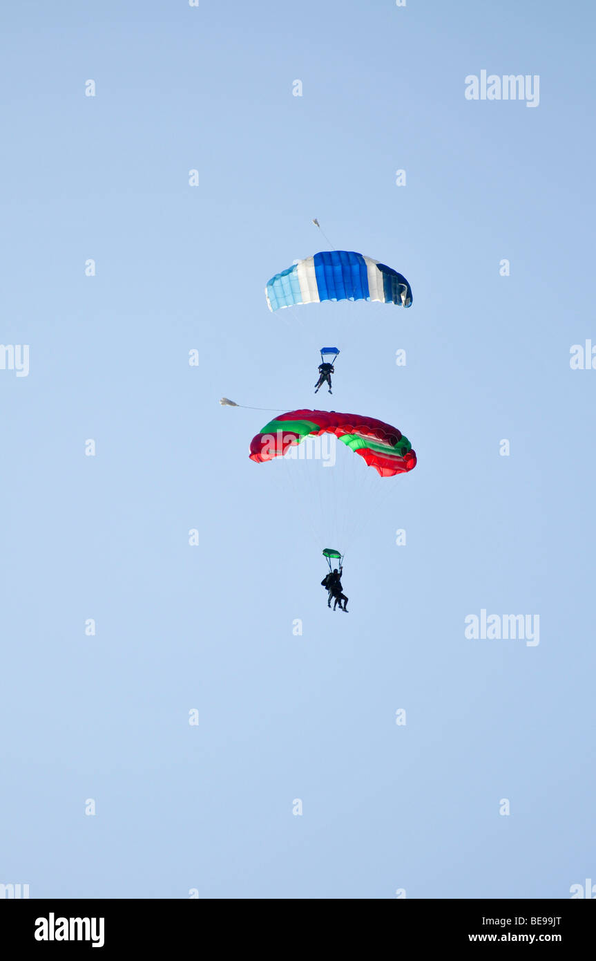 Israel, Habonim Skydive centre Tandem jumpers in the sky Stock Photo