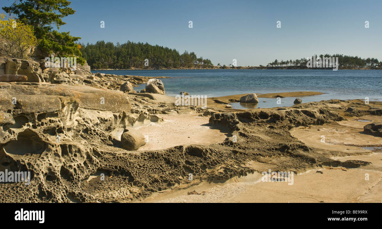 Sandstone rock formations along shore, Drumbeg Provincial Park ...