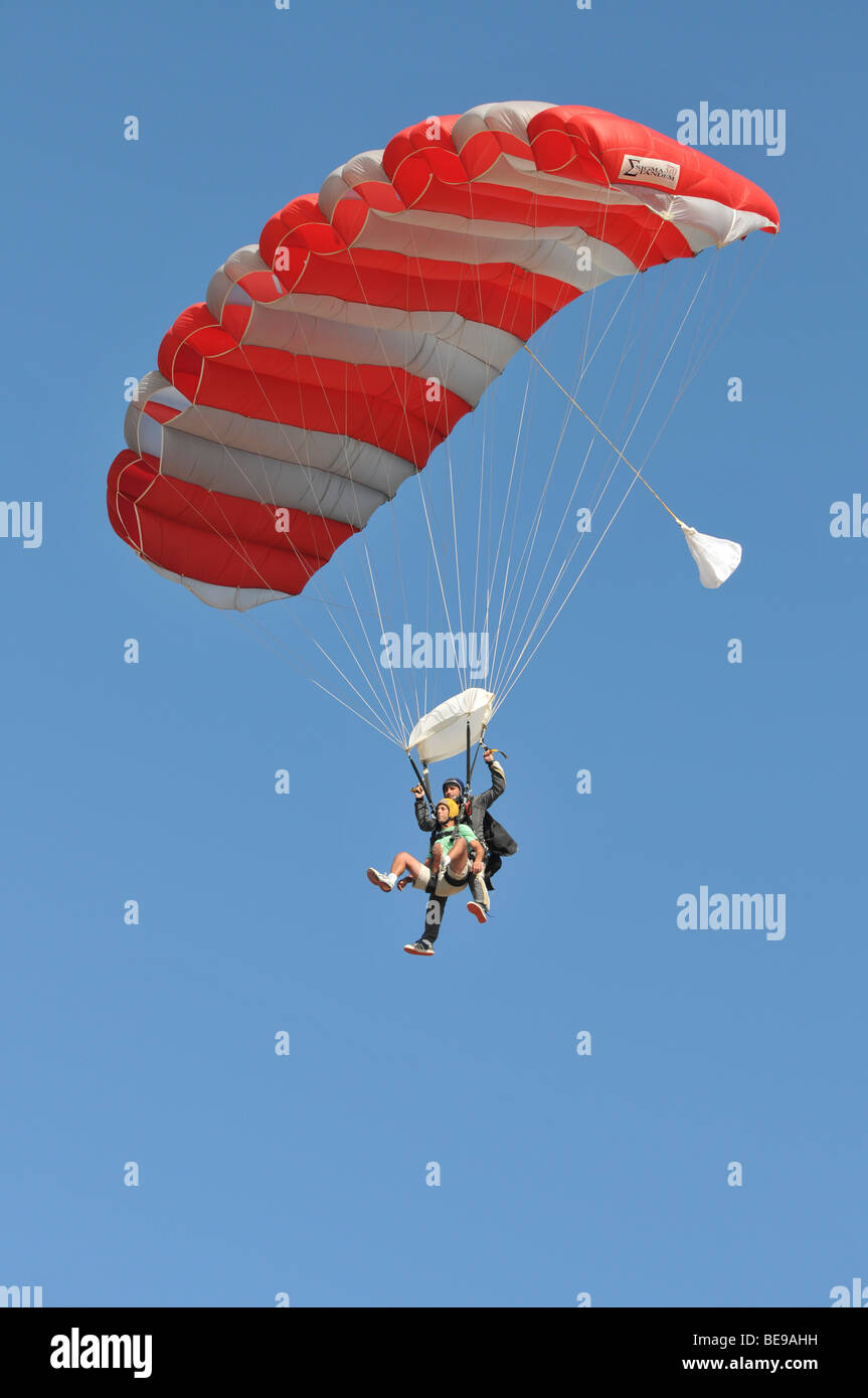 Israel, Habonim Skydive centre Tandem jumpers in the sky Stock Photo