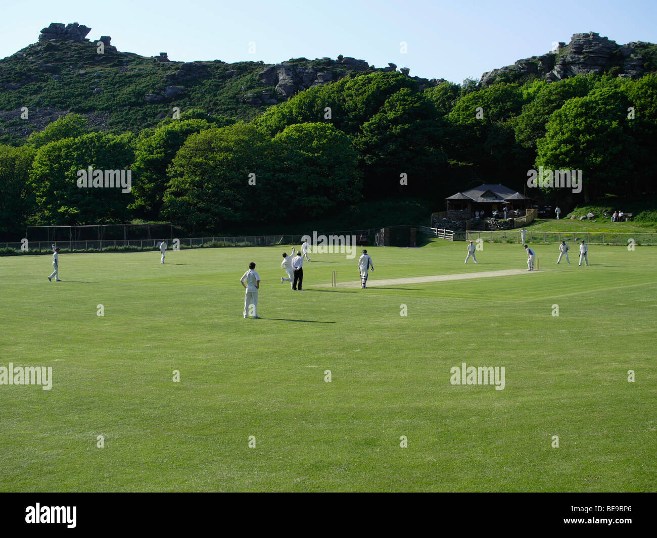 a cricket match at lynton cricket club in the valley of the rocks lynton devon Stock Photo