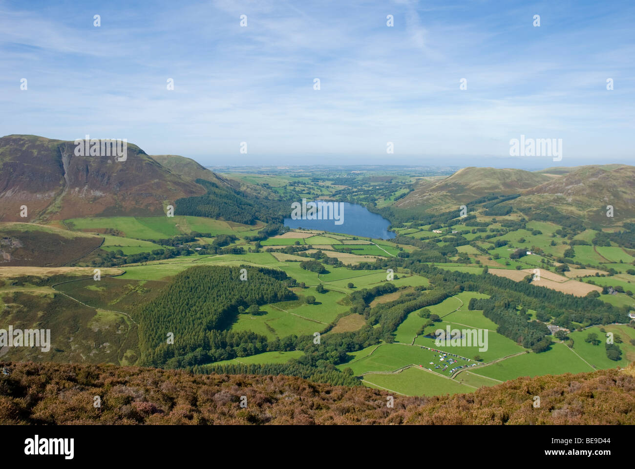 Loweswater with surrounding fields and fells, taken from Mellbreak. Stock Photo