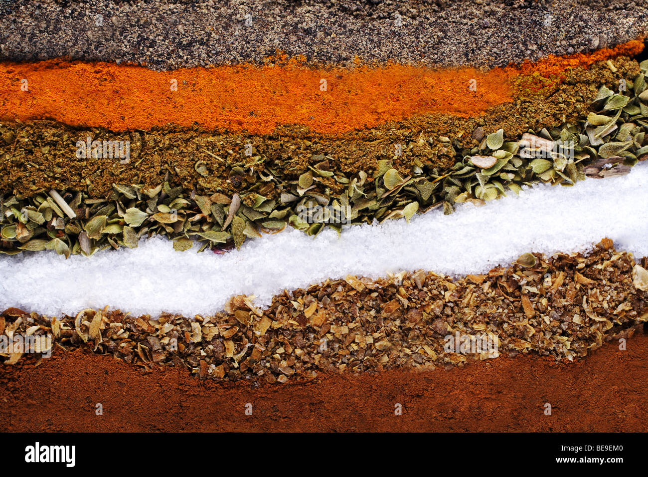 Spices, Oregano, cinnamon, pepper, salt, layers Stock Photo Alamy
