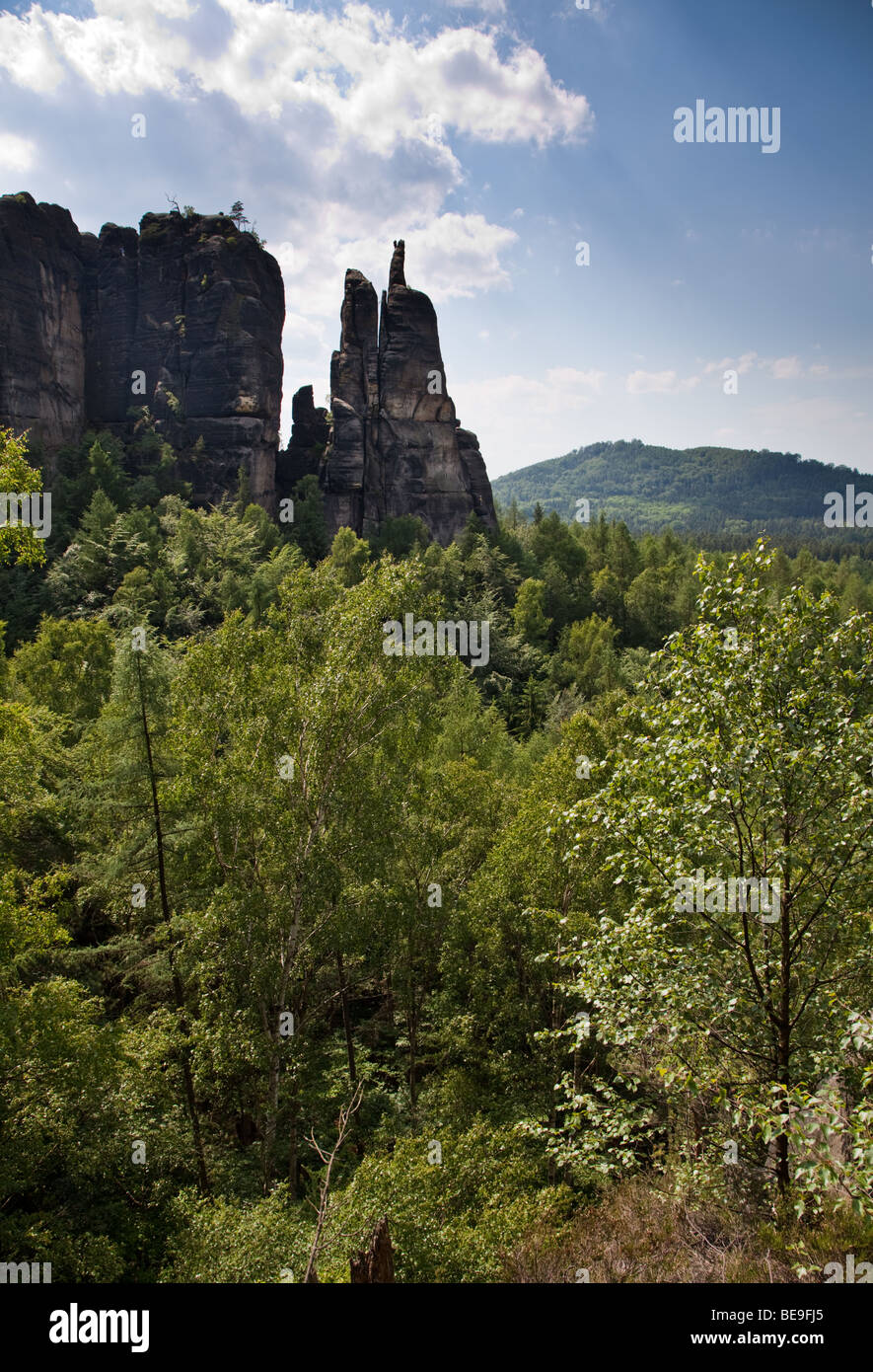 View of the spiky rocks of Affensteine in the National park of Sächsische Schweiz in Saxony, Germany Stock Photo