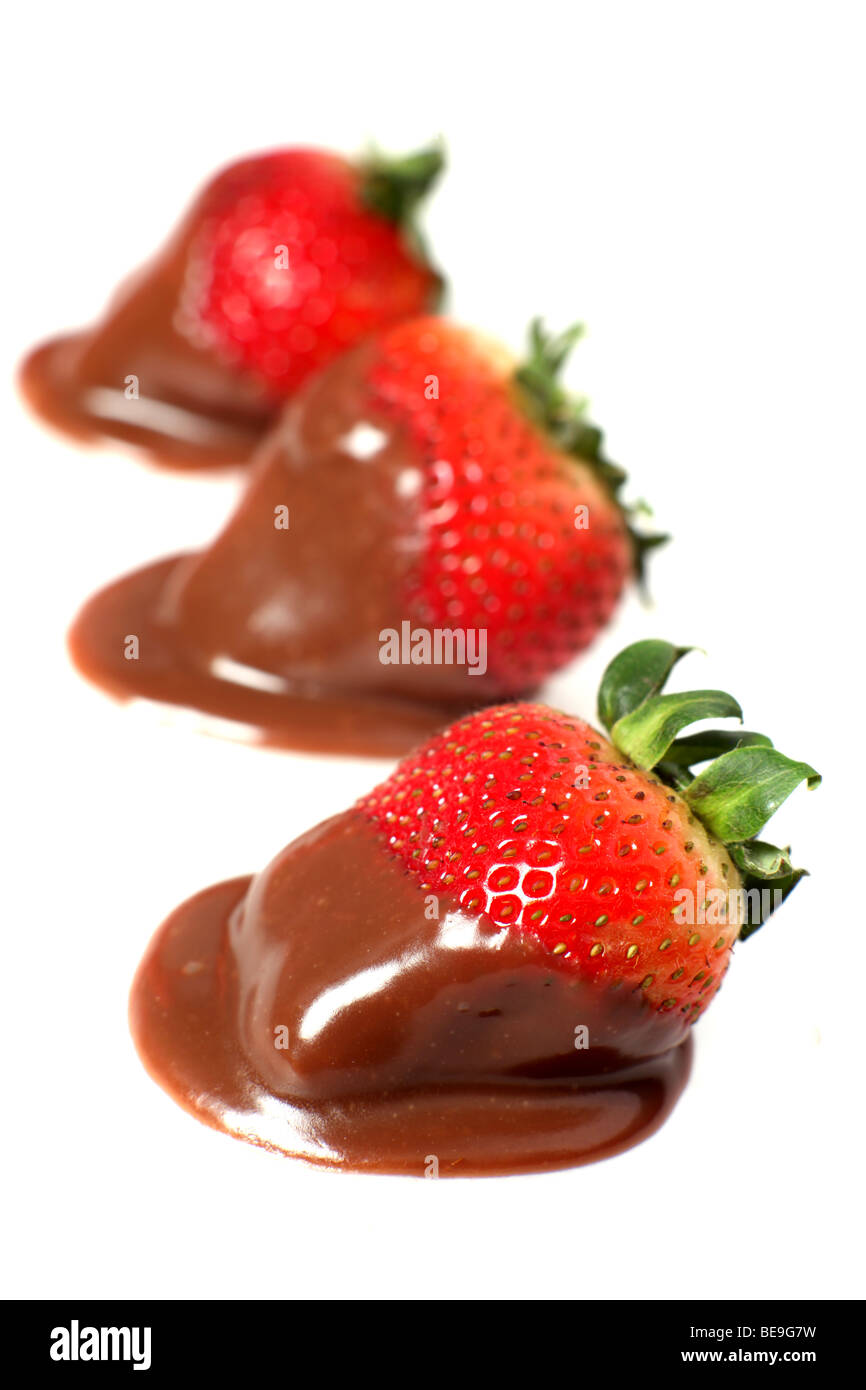 Chocolate sauce dipped strawberries in a row over white Stock Photo Alamy