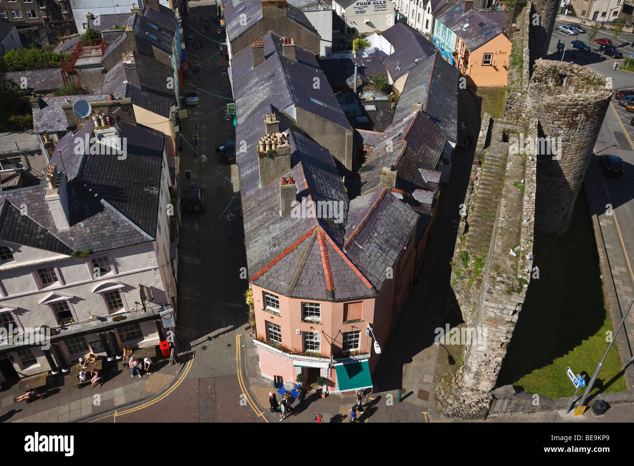 Aerial view of Caernarfon town wall and Hole in the Wall Street from