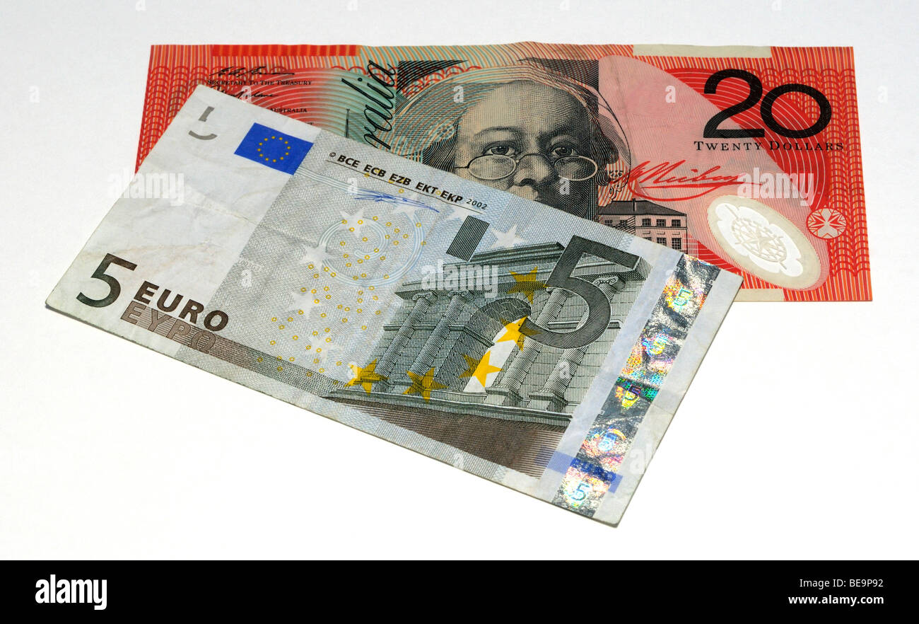 Euro and Australian Dollar Bank Notes. Stock Photo