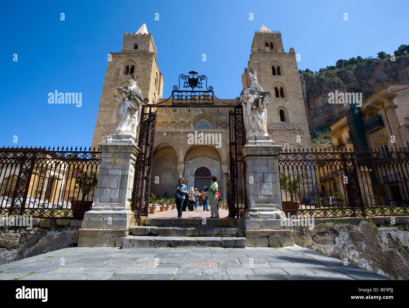 Entrance to the Duomo (Cathedral) in the town of Cefalu on the Island of Sicily, Italy Stock Photo