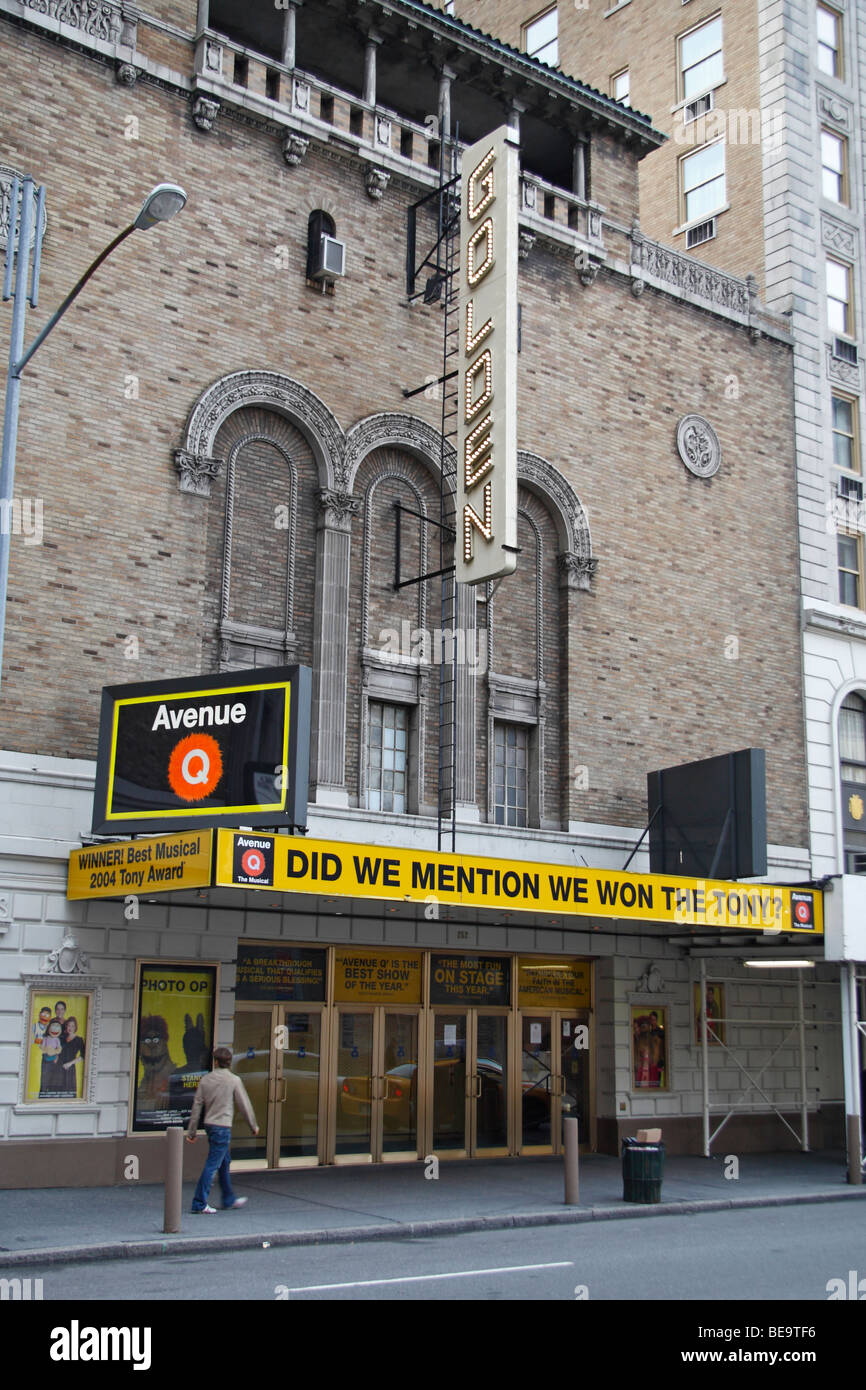 The front of the Golden Theatre, with the 'Avenue Q' Broadway show, 45th Street, New York. Stock Photo