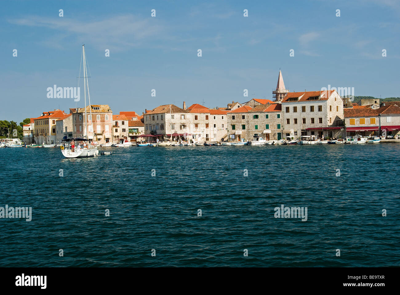 Croatia; Hrvartska; Kroatien, Hvar Island; Strai Grad, fishboats tied-up on waterfront of old town Stock Photo