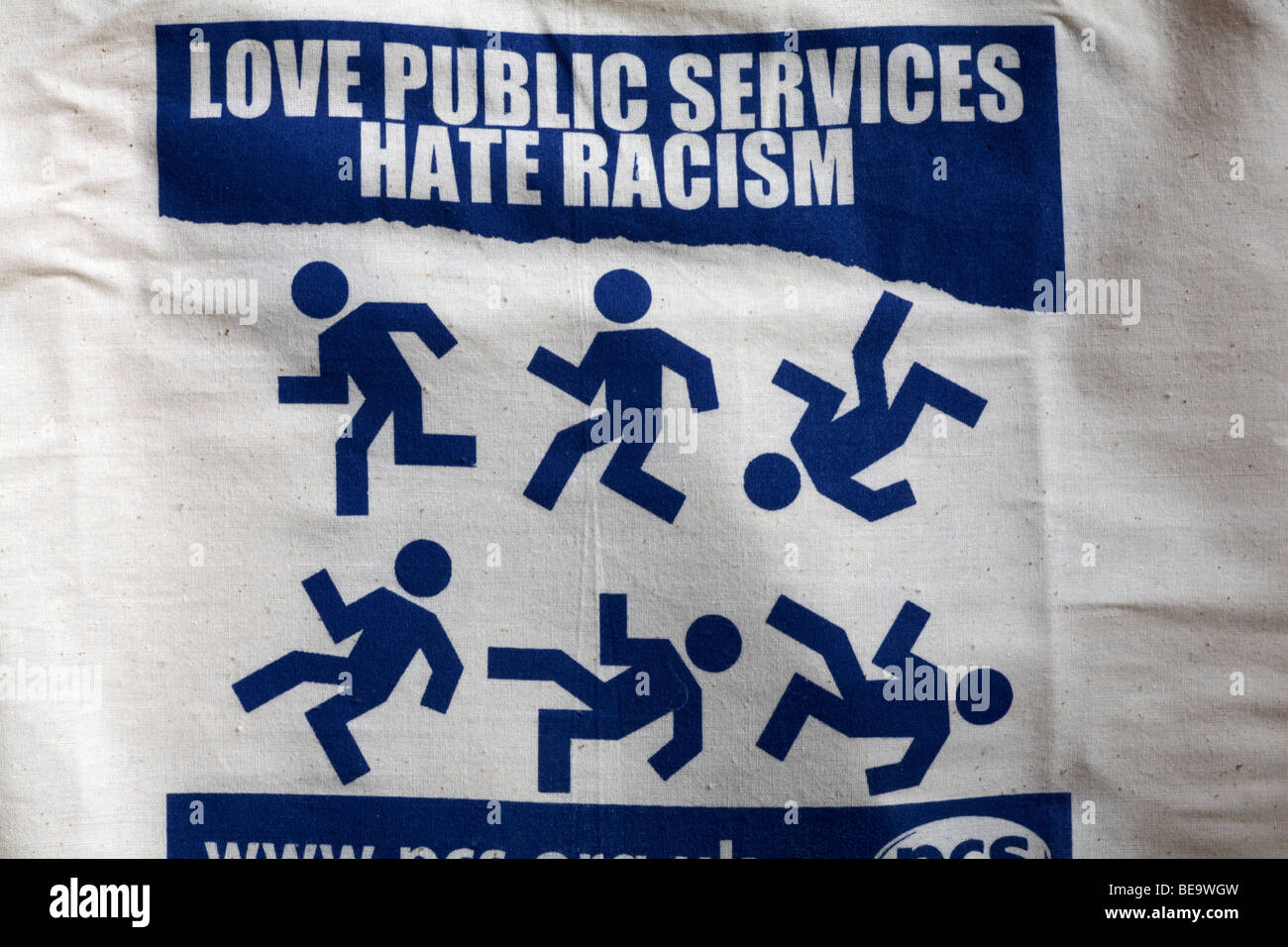 Close up of detail on canvas bag - Love public services hate racism shopping bag Stock Photo