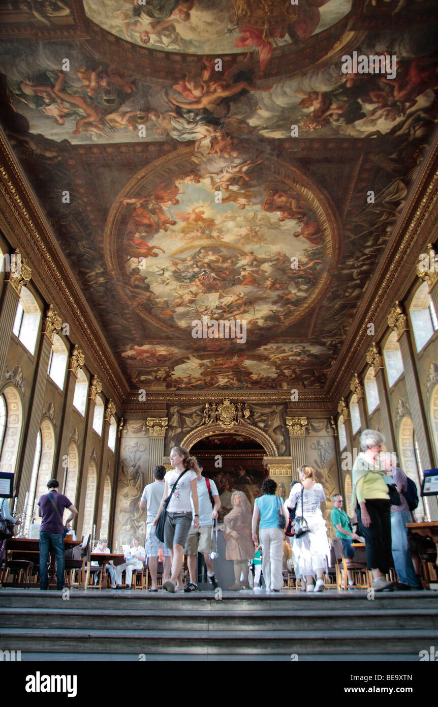 An interior view of the Lower Hall ceiling in the Painted Hall, Old Royal Naval College, Greenwich, London, UK. Stock Photo