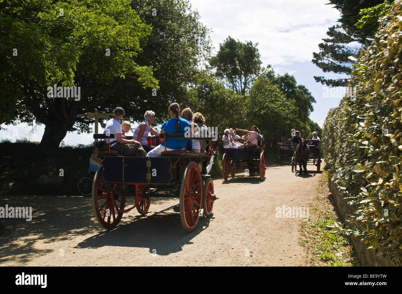 dh Buggy country lane SARK ISLAND CHANNEL ISLANDS Tourists holiday makers sightsee horsedrawn carriages traffic jam horse carriage Stock Photo