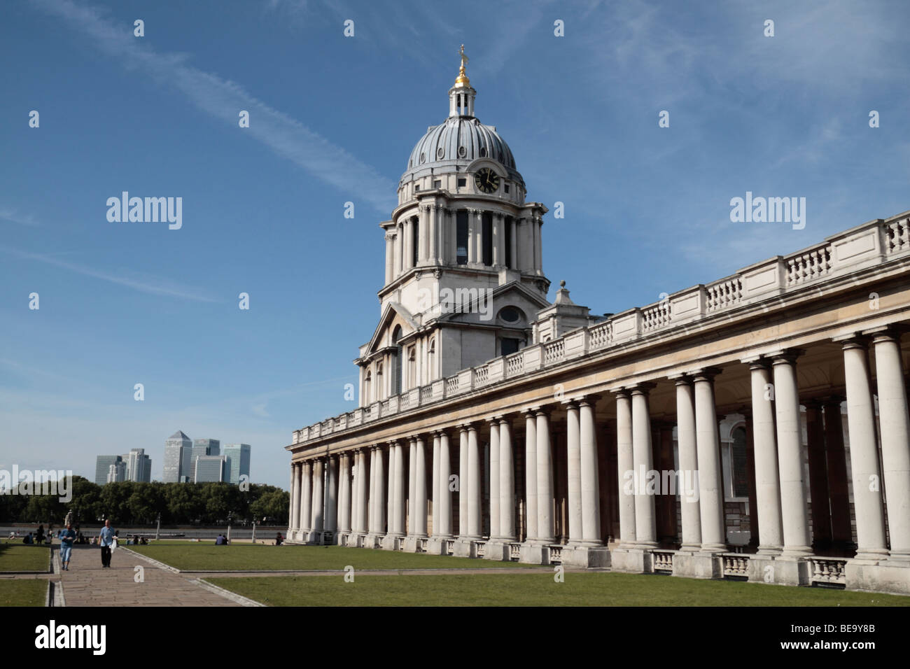 The Chapel at Queen Mary Court, The Old Royal Naval College, Greenwich, London with Canary Wharf in the distance. Stock Photo