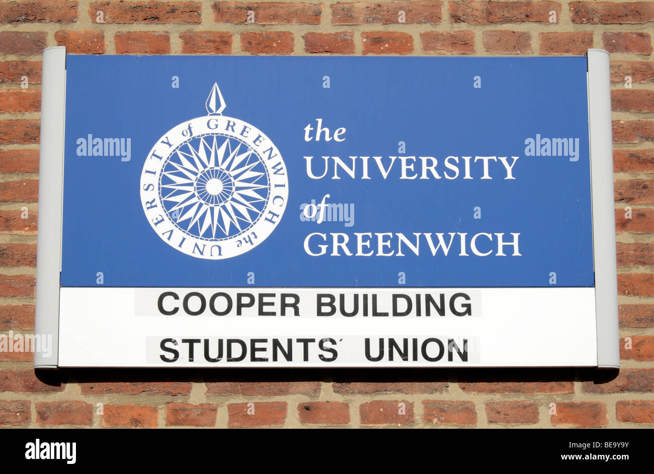 Entrance sign to the University of Greenwich Student Union Cooper Building in Greenwich east London, UK. Stock Photo